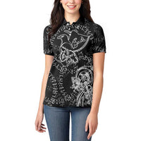 Norse Dragon and Viking Axe Women Polo Shirt Monochrome Runic Line Art Illustration