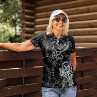 Norse Dragon and Viking Axe Women Polo Shirt Monochrome Runic Line Art Illustration