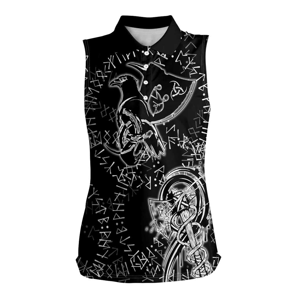 Norse Dragon and Viking Axe Women Sleeveless Polo Shirt Monochrome Runic Line Art Illustration