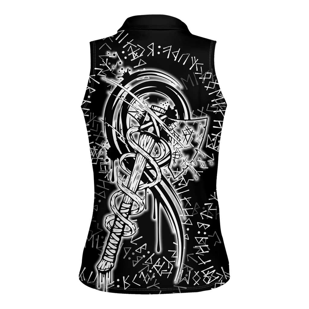 Norse Dragon and Viking Axe Women Sleeveless Polo Shirt Monochrome Runic Line Art Illustration