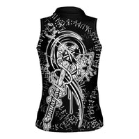 Norse Dragon and Viking Axe Women Sleeveless Polo Shirt Monochrome Runic Line Art Illustration