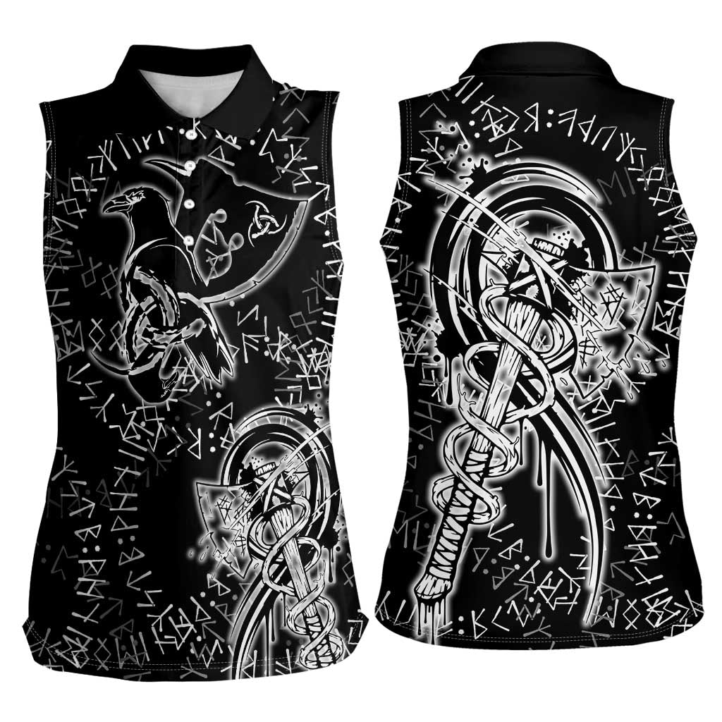 Norse Dragon and Viking Axe Women Sleeveless Polo Shirt Monochrome Runic Line Art Illustration