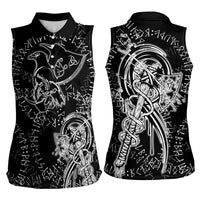 Norse Dragon and Viking Axe Women Sleeveless Polo Shirt Monochrome Runic Line Art Illustration