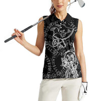 Norse Dragon and Viking Axe Women Sleeveless Polo Shirt Monochrome Runic Line Art Illustration