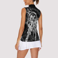 Norse Dragon and Viking Axe Women Sleeveless Polo Shirt Monochrome Runic Line Art Illustration