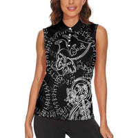 Norse Dragon and Viking Axe Women Sleeveless Polo Shirt Monochrome Runic Line Art Illustration