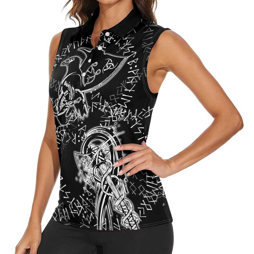 Norse Dragon and Viking Axe Women Sleeveless Polo Shirt Monochrome Runic Line Art Illustration