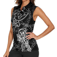 Norse Dragon and Viking Axe Women Sleeveless Polo Shirt Monochrome Runic Line Art Illustration