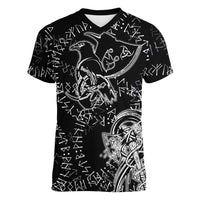 Norse Dragon and Viking Axe Women V-Neck T-Shirt Monochrome Runic Line Art Illustration
