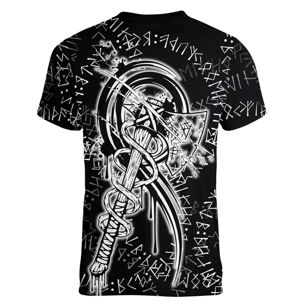 Norse Dragon and Viking Axe Women V-Neck T-Shirt Monochrome Runic Line Art Illustration