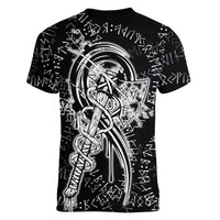 Norse Dragon and Viking Axe Women V-Neck T-Shirt Monochrome Runic Line Art Illustration