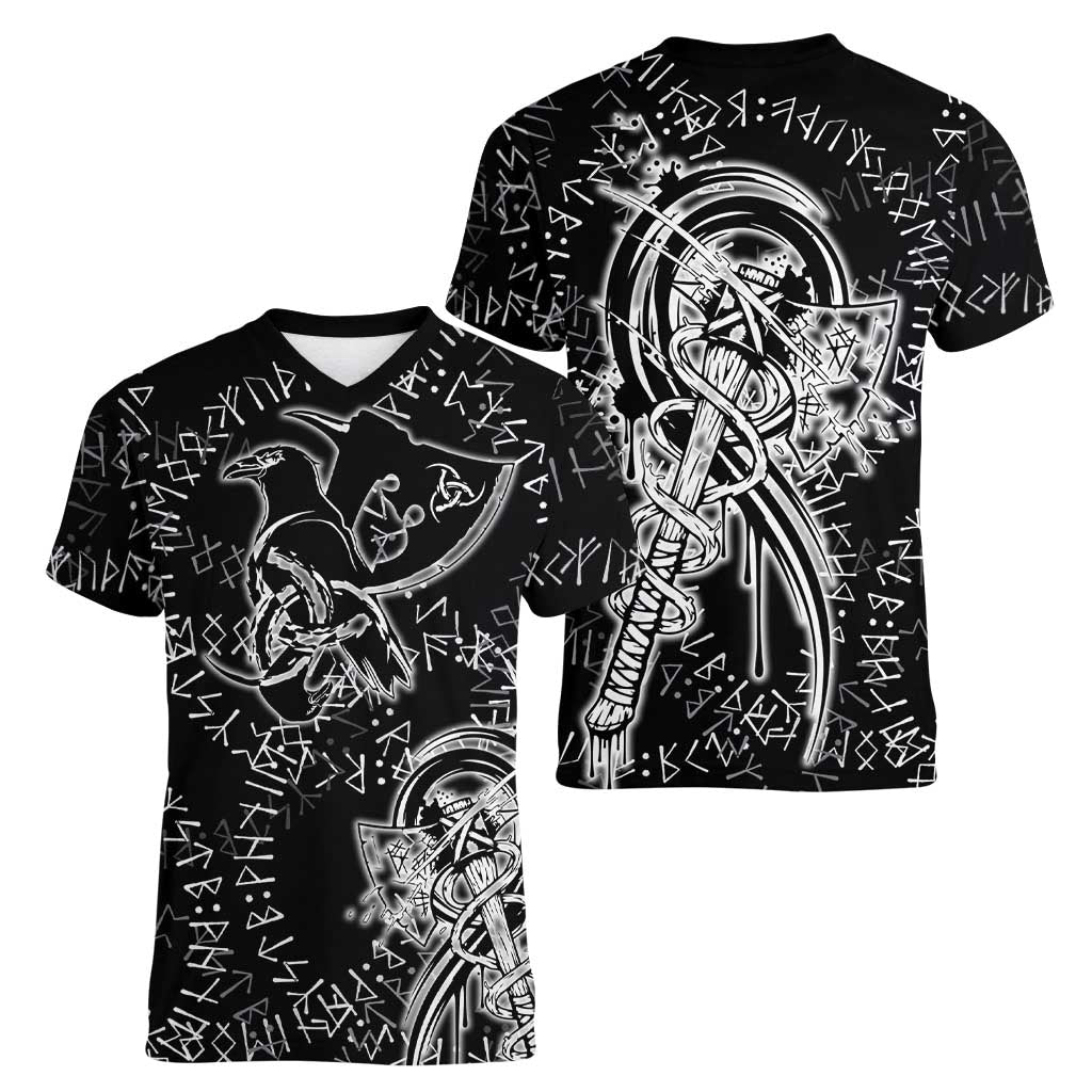 Norse Dragon and Viking Axe Women V-Neck T-Shirt Monochrome Runic Line Art Illustration