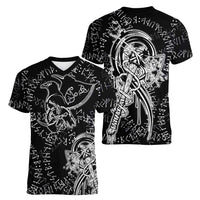 Norse Dragon and Viking Axe Women V-Neck T-Shirt Monochrome Runic Line Art Illustration
