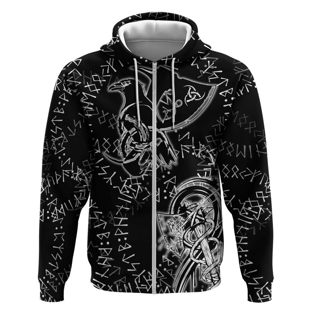 Norse Dragon and Viking Axe Zip Hoodie Monochrome Runic Line Art Illustration