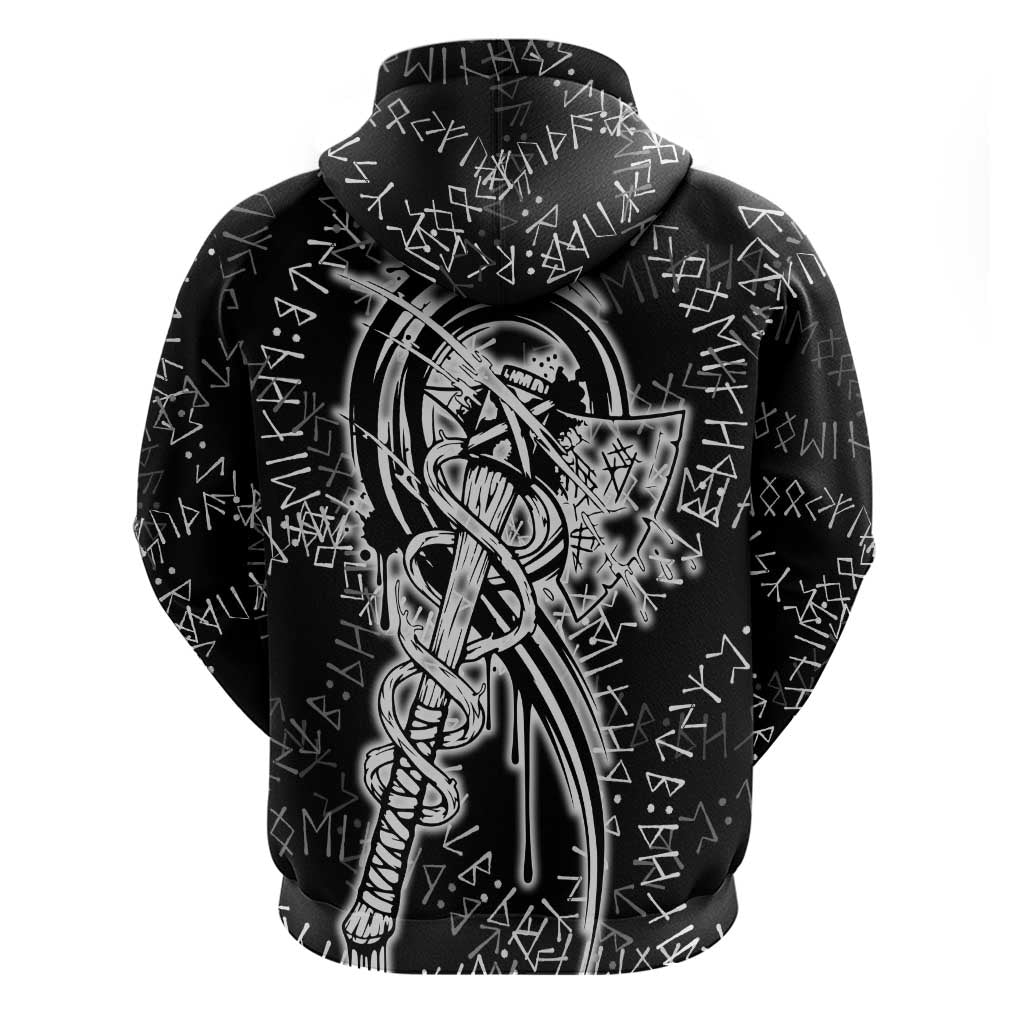 Norse Dragon and Viking Axe Zip Hoodie Monochrome Runic Line Art Illustration