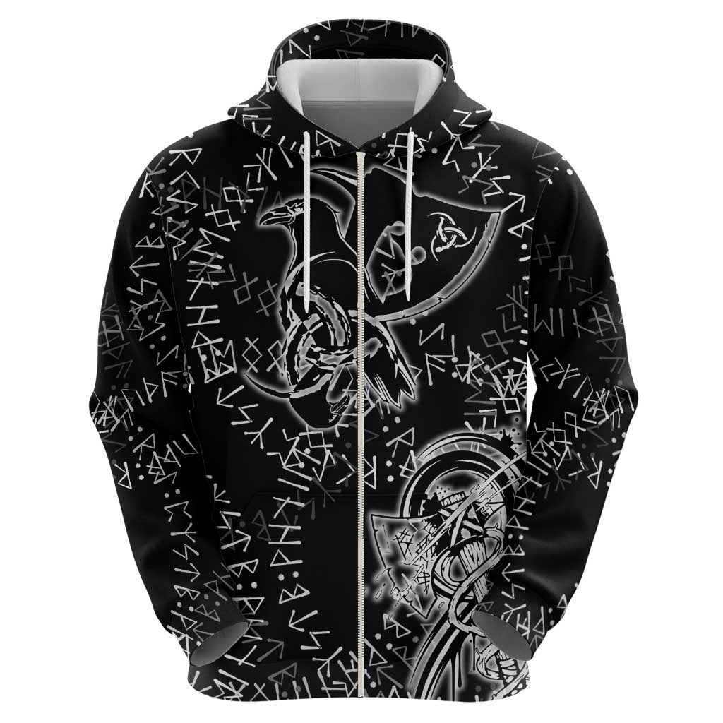 Norse Dragon and Viking Axe Zip Hoodie Monochrome Runic Line Art Illustration