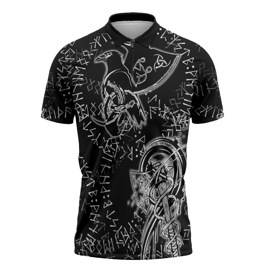 Norse Dragon and Viking Axe Zipper Polo Shirt Monochrome Runic Line Art Illustration