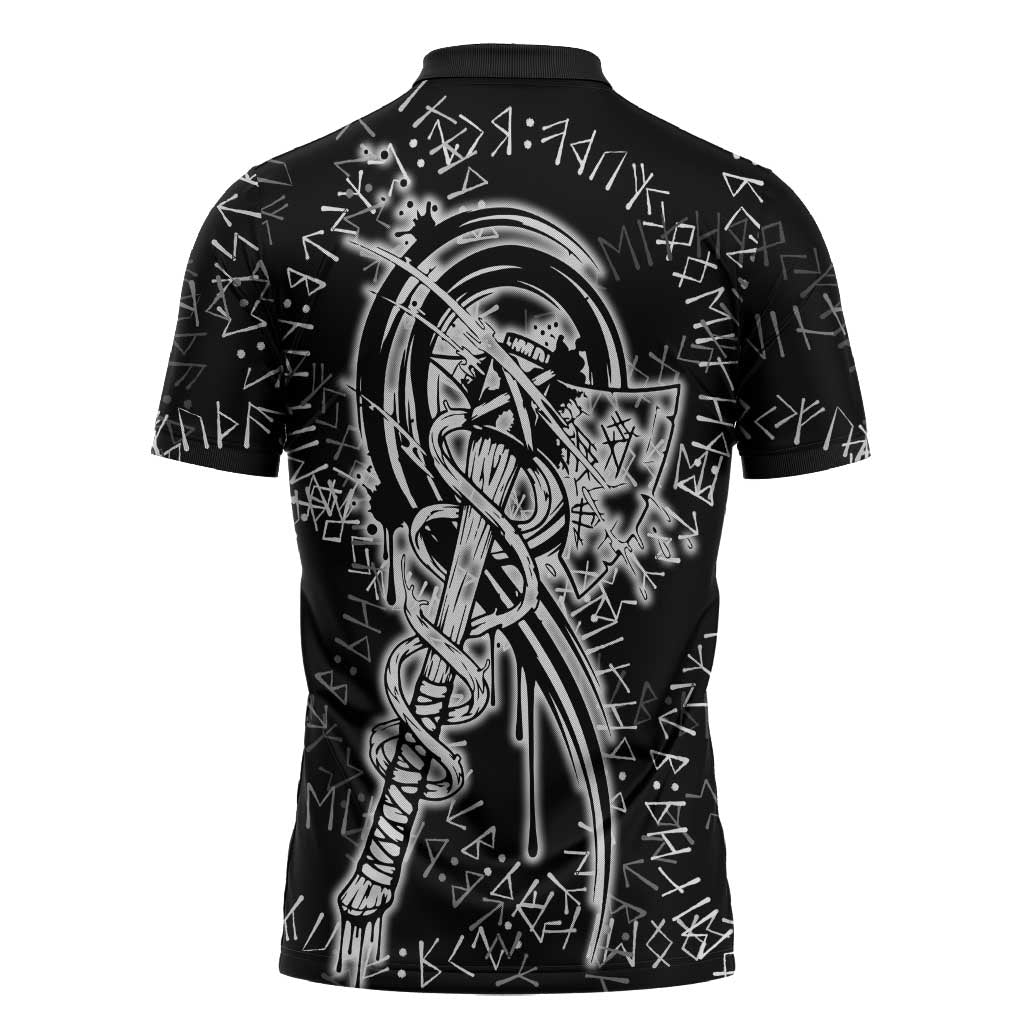 Norse Dragon and Viking Axe Zipper Polo Shirt Monochrome Runic Line Art Illustration