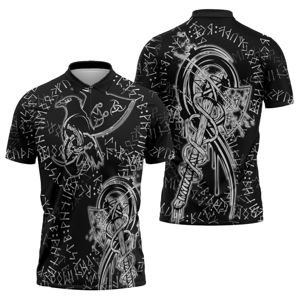 Norse Dragon and Viking Axe Zipper Polo Shirt Monochrome Runic Line Art Illustration