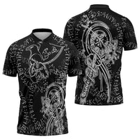 Norse Dragon and Viking Axe Zipper Polo Shirt Monochrome Runic Line Art Illustration