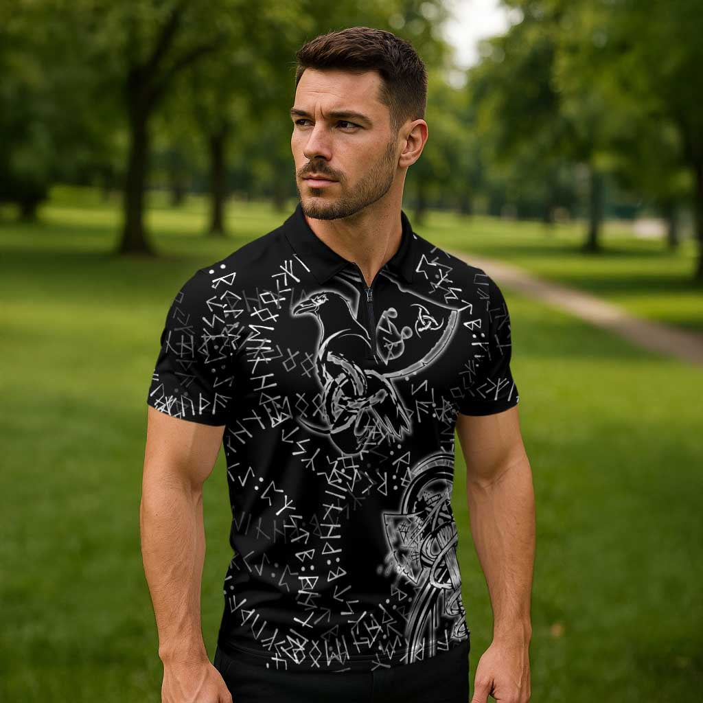 Norse Dragon and Viking Axe Zipper Polo Shirt Monochrome Runic Line Art Illustration