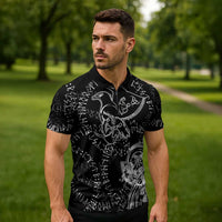 Norse Dragon and Viking Axe Zipper Polo Shirt Monochrome Runic Line Art Illustration