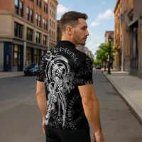 Norse Dragon and Viking Axe Zipper Polo Shirt Monochrome Runic Line Art Illustration