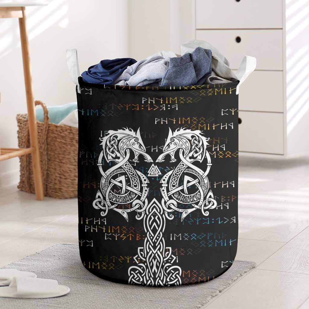 Viking Runes and Norse Mythology Symbols Laundry Basket Celtic Knotwork Tribal Illustration Style