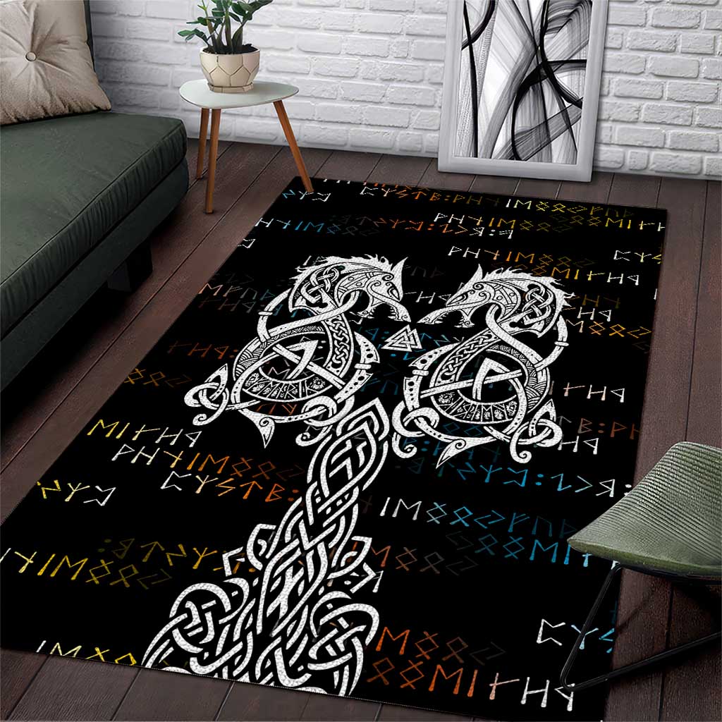 Viking Runes and Norse Mythology Symbols Area Rug Celtic Knotwork Tribal Illustration Style