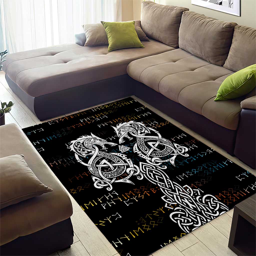 Viking Runes and Norse Mythology Symbols Area Rug Celtic Knotwork Tribal Illustration Style