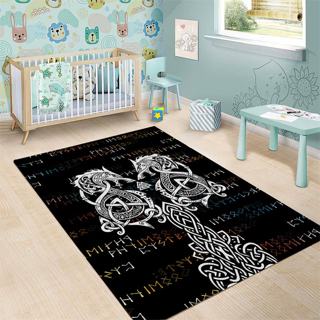 Viking Runes and Norse Mythology Symbols Area Rug Celtic Knotwork Tribal Illustration Style