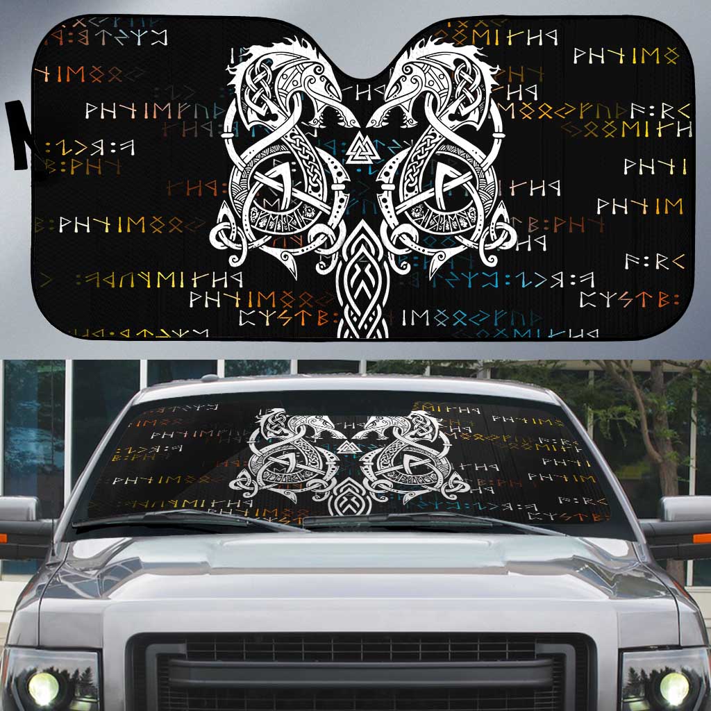 Viking Runes and Norse Mythology Symbols Auto Sun Shade Celtic Knotwork Tribal Illustration Style