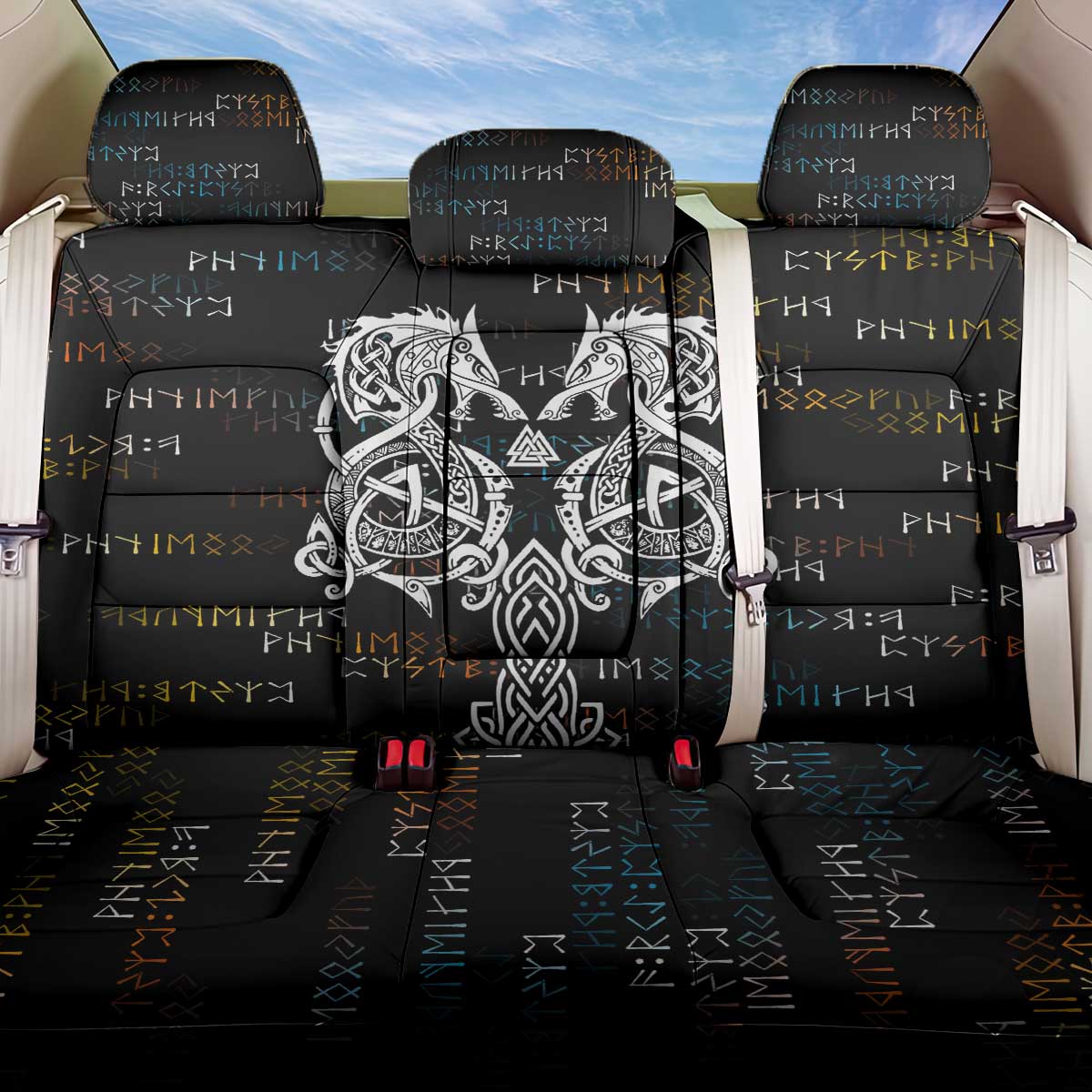 Viking Runes and Norse Mythology Symbols Back Car Seat Cover Celtic Knotwork Tribal Illustration Style