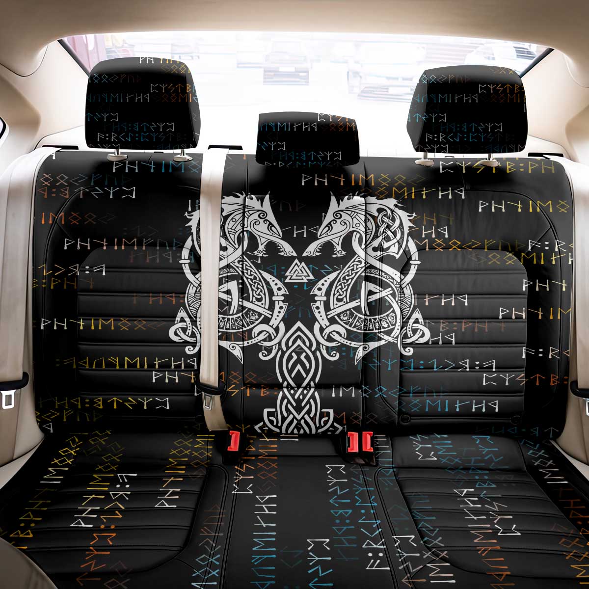 Viking Runes and Norse Mythology Symbols Back Car Seat Cover Celtic Knotwork Tribal Illustration Style