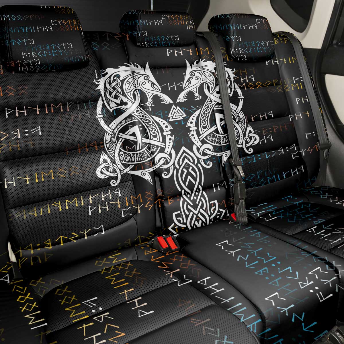 Viking Runes and Norse Mythology Symbols Back Car Seat Cover Celtic Knotwork Tribal Illustration Style