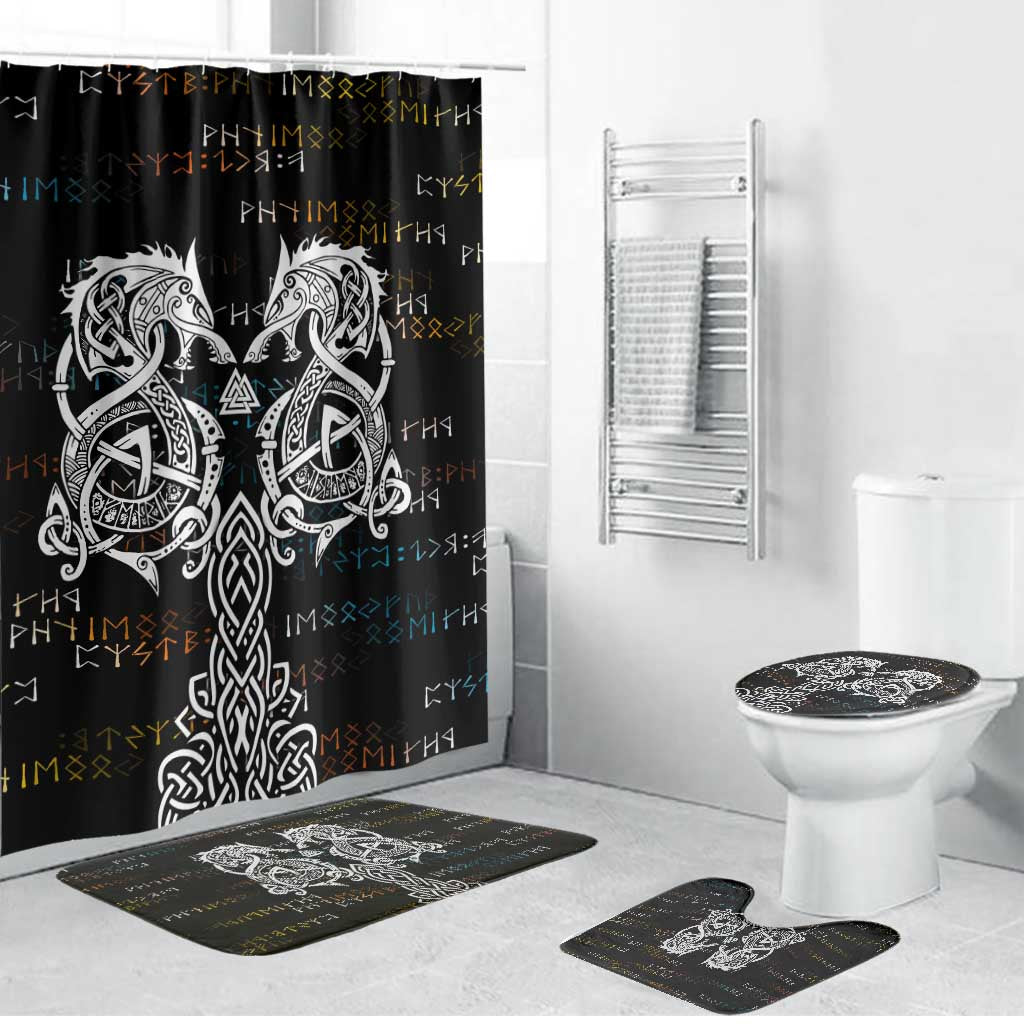 Viking Runes and Norse Mythology Symbols Bathroom Set Celtic Knotwork Tribal Illustration Style