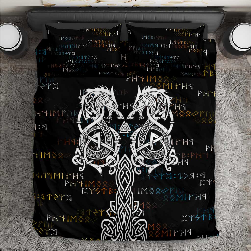 Viking Runes and Norse Mythology Symbols Bedding Set Celtic Knotwork Tribal Illustration Style