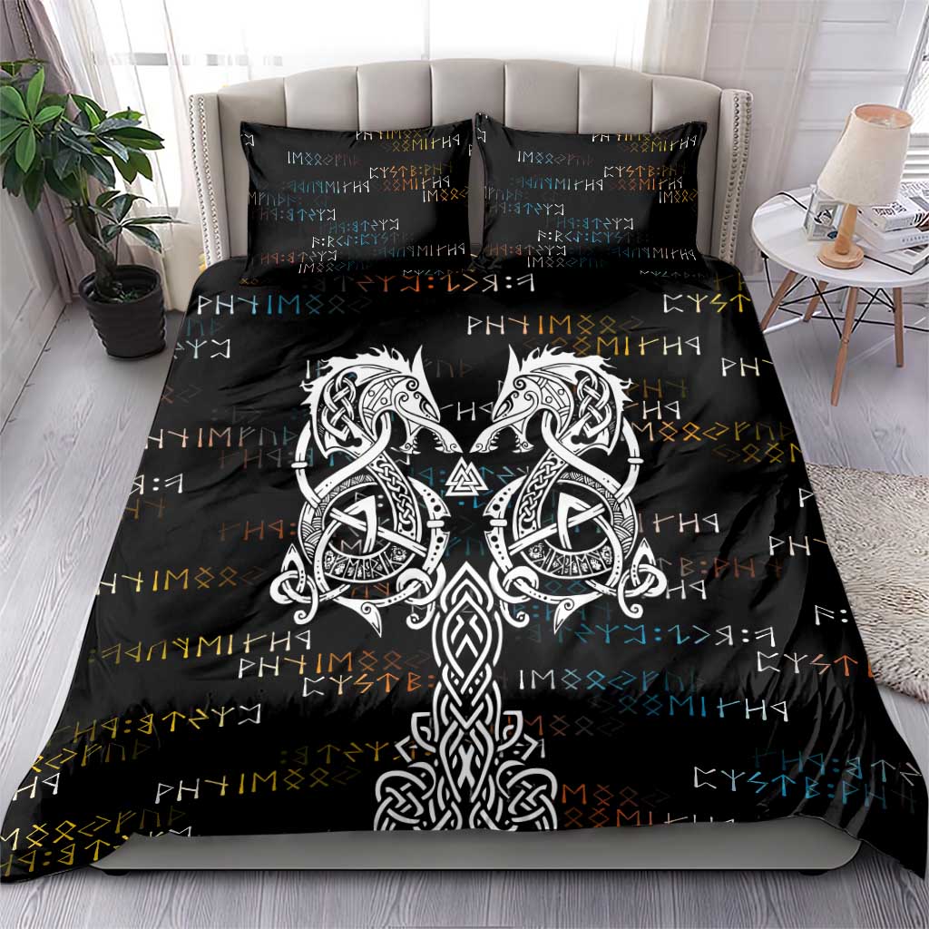 Viking Runes and Norse Mythology Symbols Bedding Set Celtic Knotwork Tribal Illustration Style