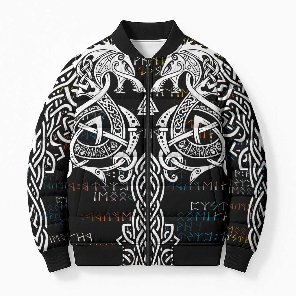 Viking Runes and Norse Mythology Symbols Bomber Puffer Jacket Celtic Knotwork Tribal Illustration Style