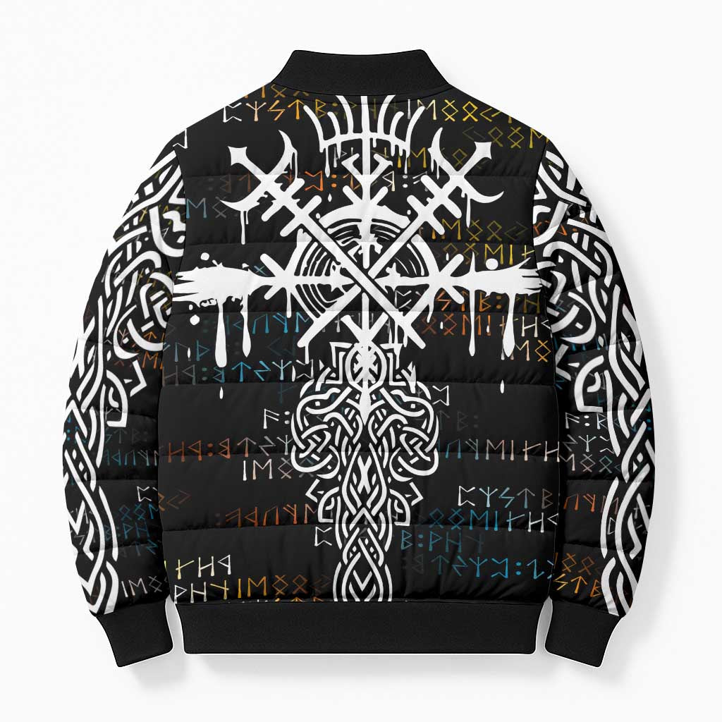 Viking Runes and Norse Mythology Symbols Bomber Puffer Jacket Celtic Knotwork Tribal Illustration Style
