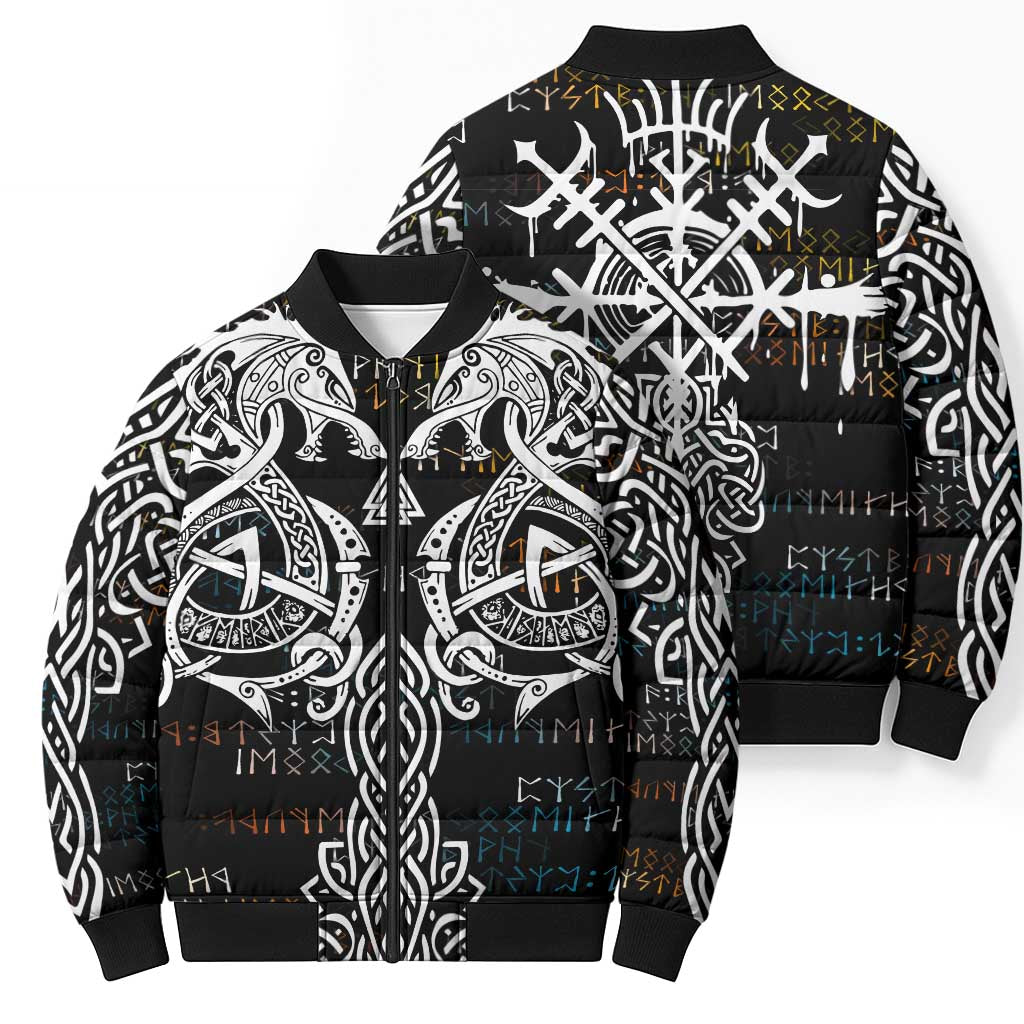 Viking Runes and Norse Mythology Symbols Bomber Puffer Jacket Celtic Knotwork Tribal Illustration Style