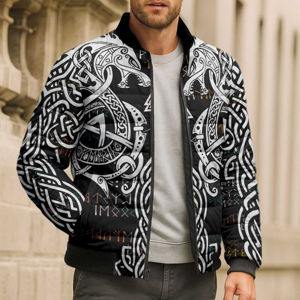 Viking Runes and Norse Mythology Symbols Bomber Puffer Jacket Celtic Knotwork Tribal Illustration Style