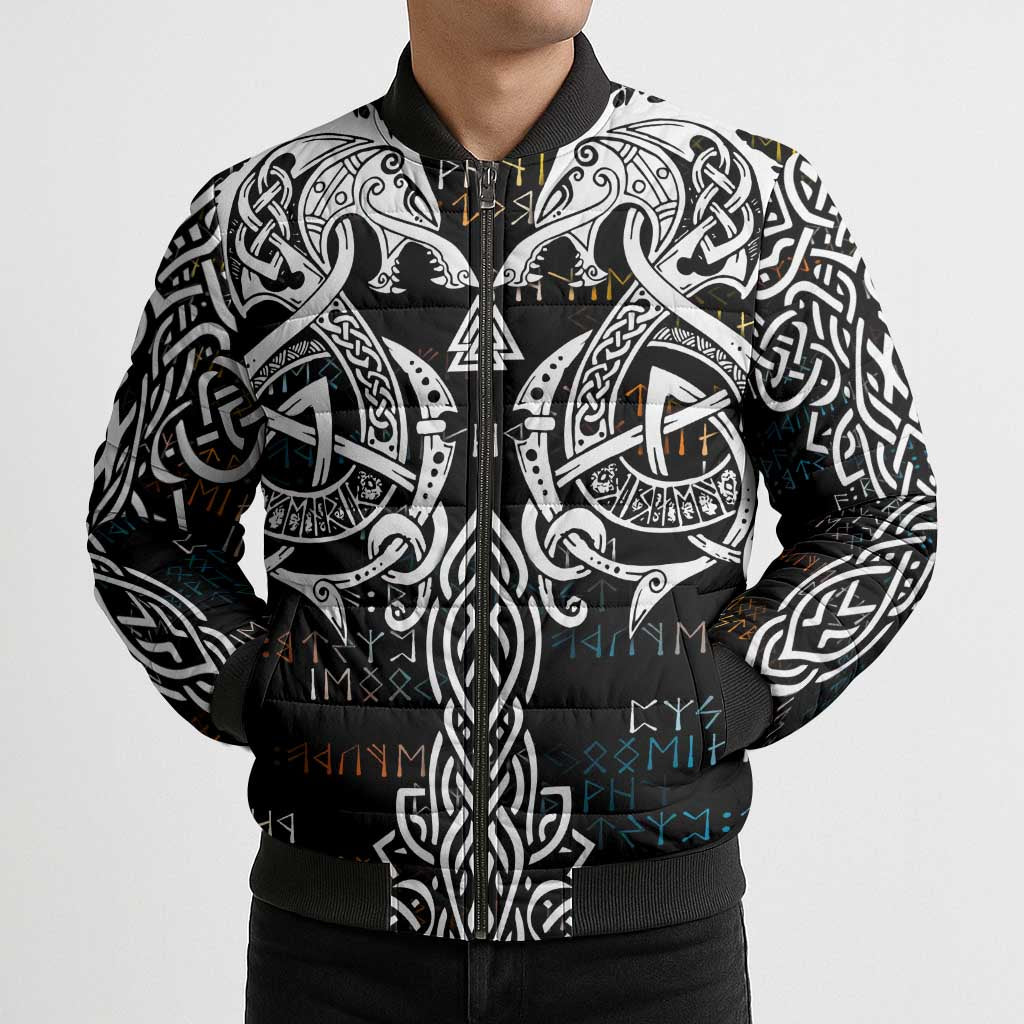 Viking Runes and Norse Mythology Symbols Bomber Puffer Jacket Celtic Knotwork Tribal Illustration Style