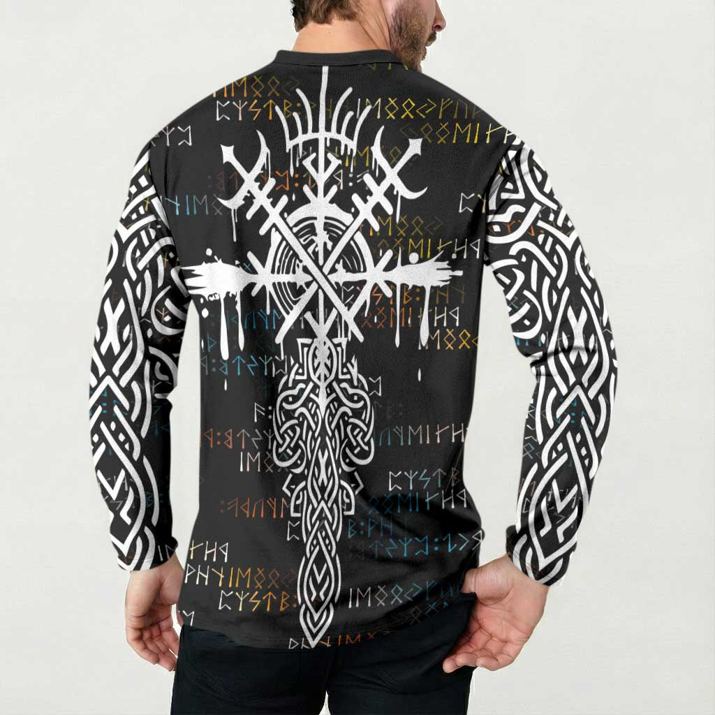 Viking Runes and Norse Mythology Symbols Button Sweatshirt Celtic Knotwork Tribal Illustration Style