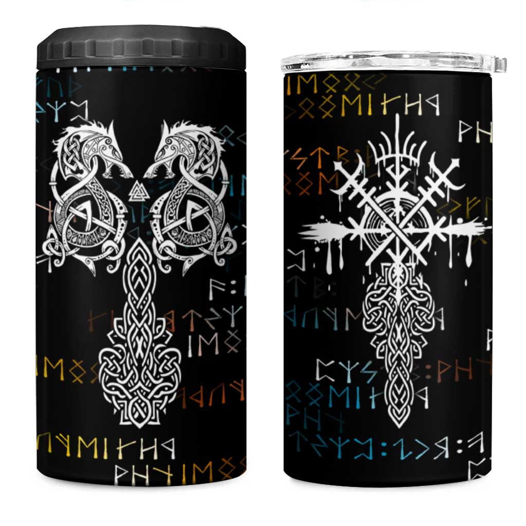 Viking Runes and Norse Mythology Symbols 4 in 1 Can Cooler Tumbler Celtic Knotwork Tribal Illustration Style