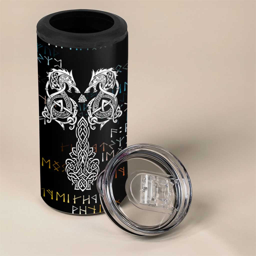 Viking Runes and Norse Mythology Symbols 4 in 1 Can Cooler Tumbler Celtic Knotwork Tribal Illustration Style