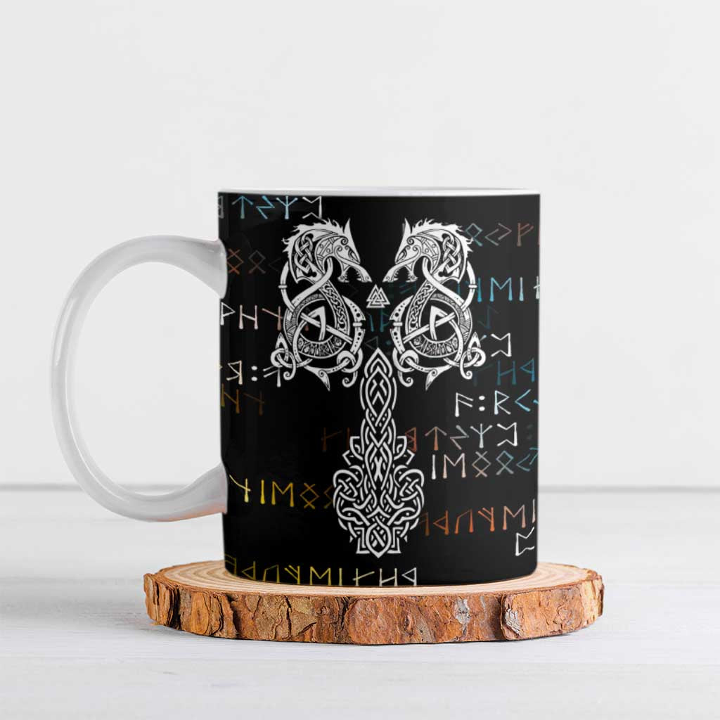 Viking Runes and Norse Mythology Symbols Ceramic Mug Celtic Knotwork Tribal Illustration Style