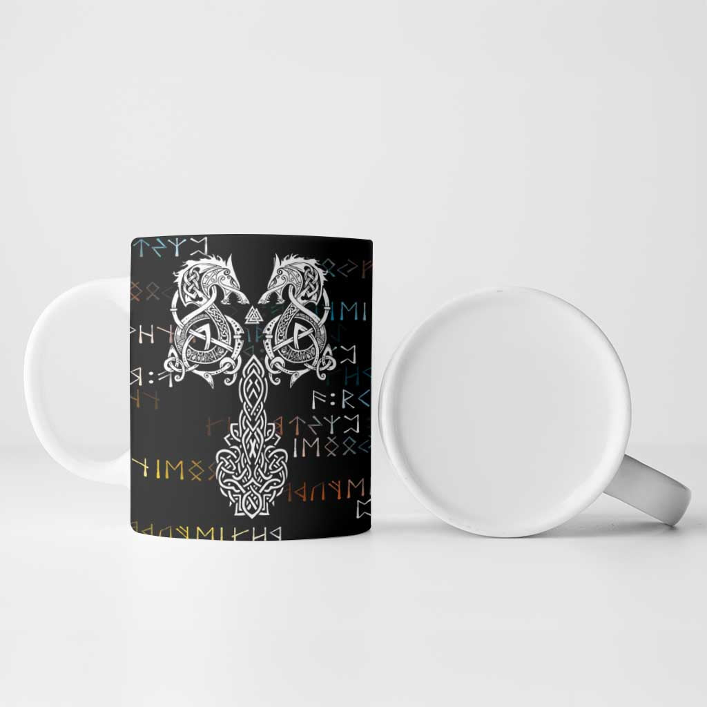 Viking Runes and Norse Mythology Symbols Ceramic Mug Celtic Knotwork Tribal Illustration Style