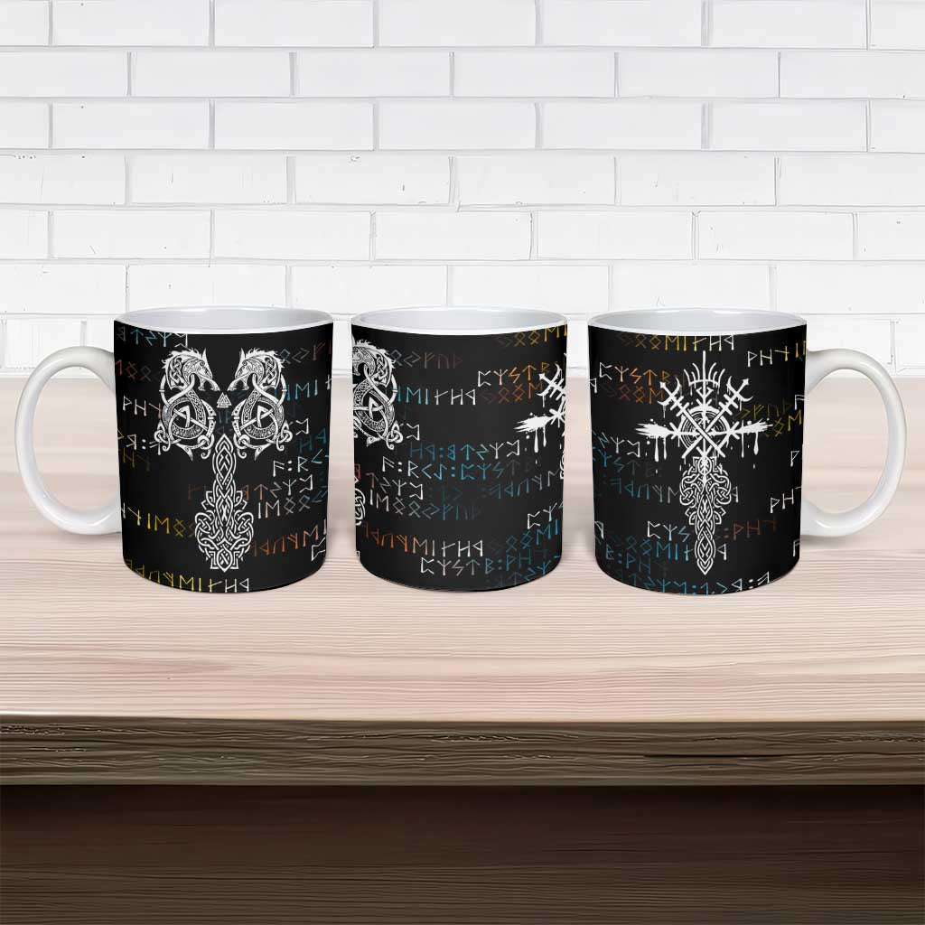 Viking Runes and Norse Mythology Symbols Ceramic Mug Celtic Knotwork Tribal Illustration Style