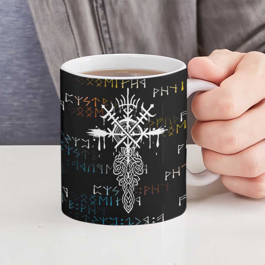 Viking Runes and Norse Mythology Symbols Ceramic Mug Celtic Knotwork Tribal Illustration Style